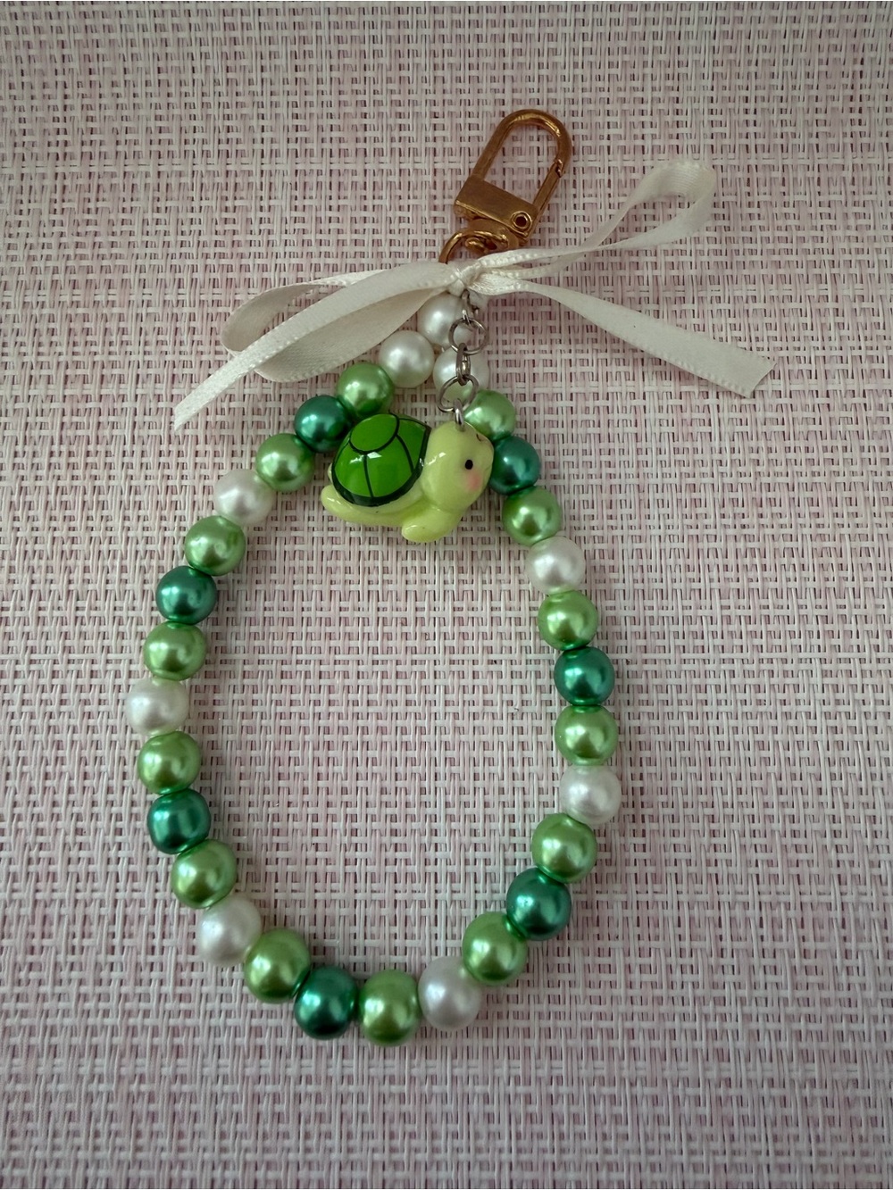 Hand Crafted Green Pearl Turtle Charm Keychain